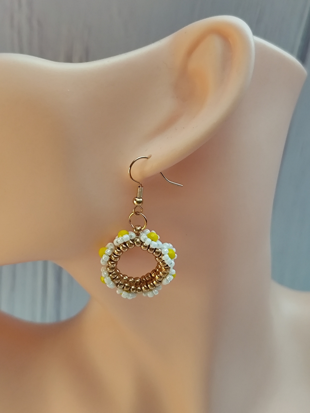 Gold-Tone Hoop Earrings with Yellow and White Bead Accents